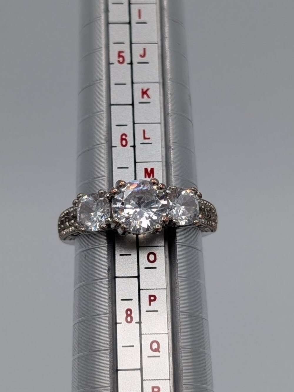 Vintage S925 Silver 3 Stone CZ Travel Ring Pave Accents Size 6.75 7 - Picture 6 of 11